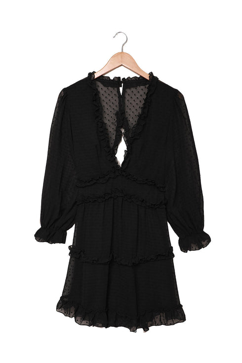 Layered Ruffled Open Back Puff Sleeve Swiss Dot Mini Dress