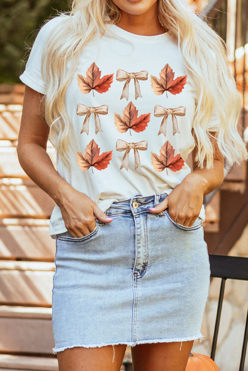 Leaf And Bow Motif Short Sleeve Crew Neck Tee