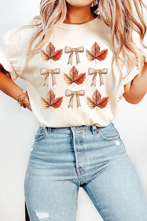 Leaf And Bow Motif Short Sleeve Crew Neck Tee