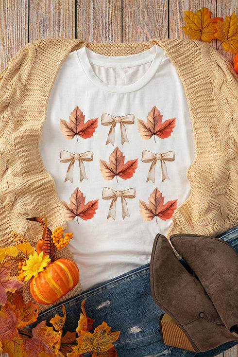 Leaf And Bow Motif Short Sleeve Crew Neck Tee