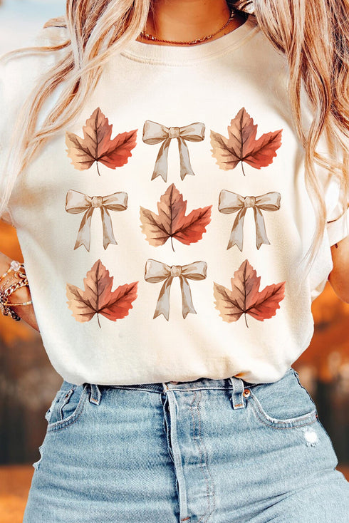 Leaf And Bow Motif Short Sleeve Crew Neck Tee
