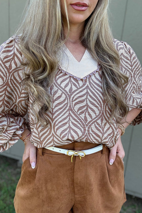 Leaf Print Standing Collar Puff Sleeve Viscose Blend Blouse