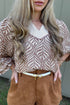 Leaf Print Standing Collar Puff Sleeve Viscose Blend Blouse