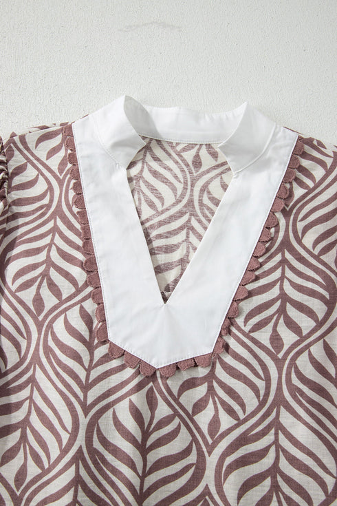 Leaf Print Standing Collar Puff Sleeve Viscose Blend Blouse