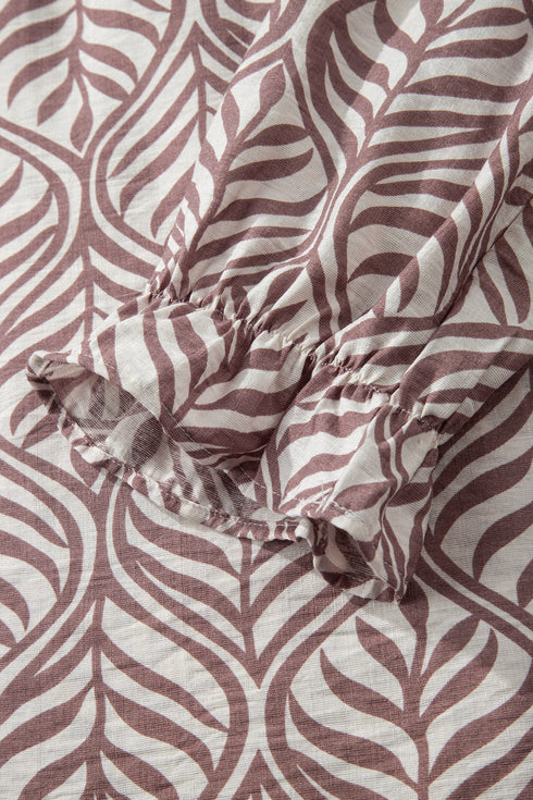 Leaf Print Standing Collar Puff Sleeve Viscose Blend Blouse