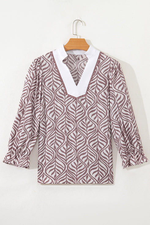 Leaf Print Standing Collar Puff Sleeve Viscose Blend Blouse