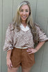 Leaf Print Standing Collar Puff Sleeve Viscose Blend Blouse