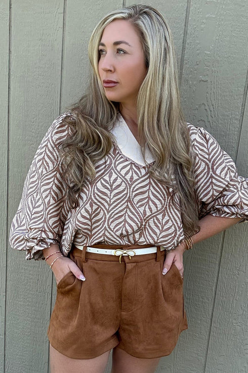 Leaf Print Standing Collar Puff Sleeve Viscose Blend Blouse