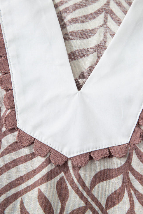 Leaf Print Standing Collar Puff Sleeve Viscose Blend Blouse