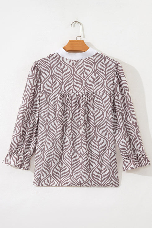 Leaf Print Standing Collar Puff Sleeve Viscose Blend Blouse