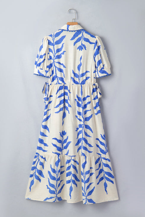 Leafy Botanical Print Side Tie Button Down Maxi Dress