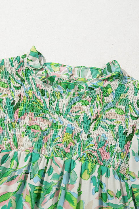 Leafy Print Shirred Mock Neck Flounce Sleeve Blouse