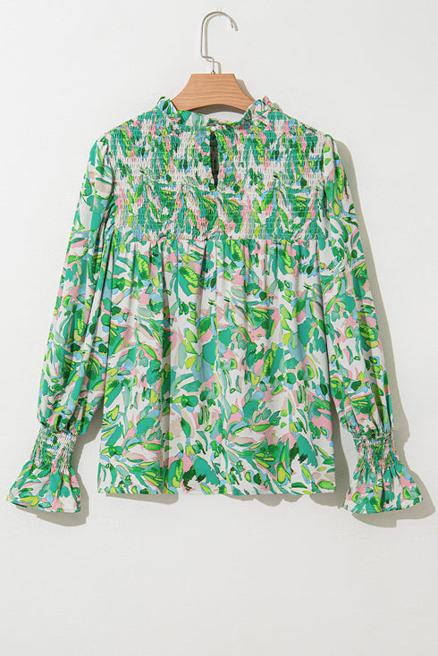 Leafy Print Shirred Mock Neck Flounce Sleeve Blouse