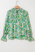 Leafy Print Shirred Mock Neck Flounce Sleeve Blouse