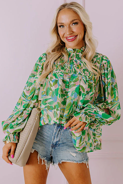 Leafy Print Shirred Mock Neck Flounce Sleeve Blouse