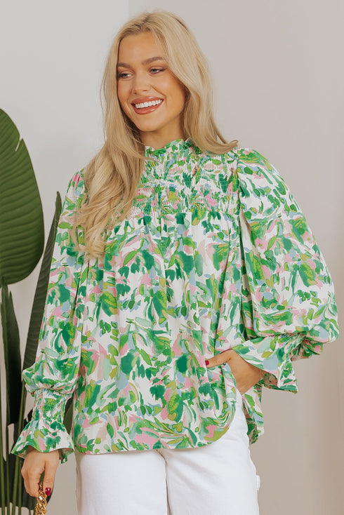 Leafy Print Shirred Mock Neck Flounce Sleeve Blouse