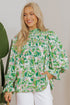 Leafy Print Shirred Mock Neck Flounce Sleeve Blouse
