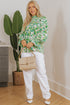 Leafy Print Shirred Mock Neck Flounce Sleeve Blouse