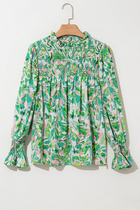 Leafy Print Shirred Mock Neck Flounce Sleeve Blouse