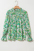Leafy Print Shirred Mock Neck Flounce Sleeve Blouse