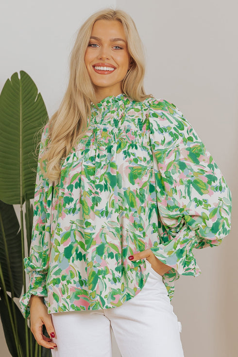 Leafy Print Shirred Mock Neck Flounce Sleeve Blouse