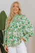 Leafy Print Shirred Mock Neck Flounce Sleeve Blouse