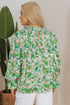 Leafy Print Shirred Mock Neck Flounce Sleeve Blouse