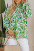 Leafy Print Shirred Mock Neck Flounce Sleeve Blouse