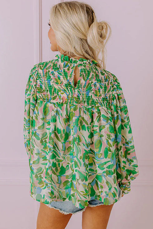 Leafy Print Shirred Mock Neck Flounce Sleeve Blouse