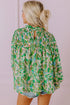 Leafy Print Shirred Mock Neck Flounce Sleeve Blouse