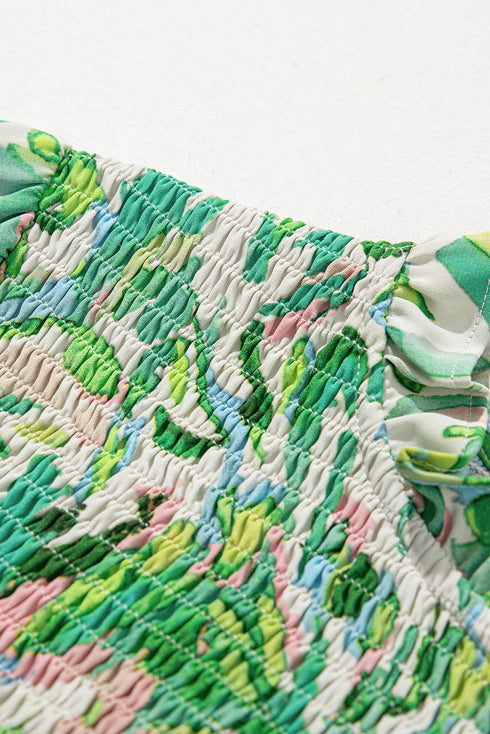 Leafy Print Shirred Mock Neck Flounce Sleeve Blouse