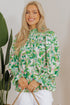 Leafy Print Shirred Mock Neck Flounce Sleeve Blouse