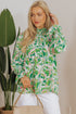Leafy Print Shirred Mock Neck Flounce Sleeve Blouse