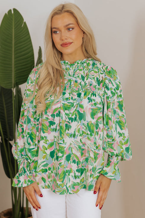Leafy Print Shirred Mock Neck Flounce Sleeve Blouse