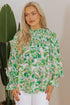 Leafy Print Shirred Mock Neck Flounce Sleeve Blouse