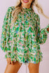 Leafy Print Shirred Mock Neck Flounce Sleeve Blouse