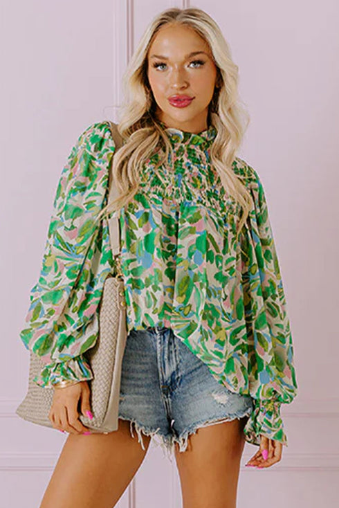 Leafy Print Shirred Mock Neck Flounce Sleeve Blouse