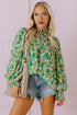 Leafy Print Shirred Mock Neck Flounce Sleeve Blouse