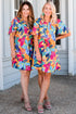 Leafy Print Split Neck Short Sleeve Shift Mini Dress