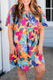 Leafy Print Split Neck Short Sleeve Shift Mini Dress