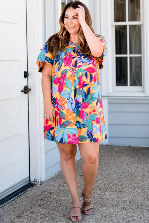 Leafy Print Split Neck Short Sleeve Shift Mini Dress