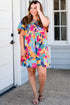 Leafy Print Split Neck Short Sleeve Shift Mini Dress
