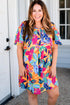 Leafy Print Split Neck Short Sleeve Shift Mini Dress