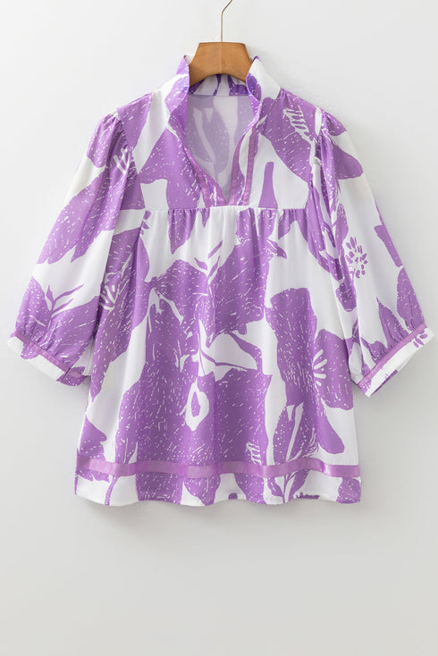 Leafy Print Split Neck Three Quarter Sleeve Striped Trim Blouse