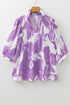 Leafy Print Split Neck Three Quarter Sleeve Striped Trim Blouse