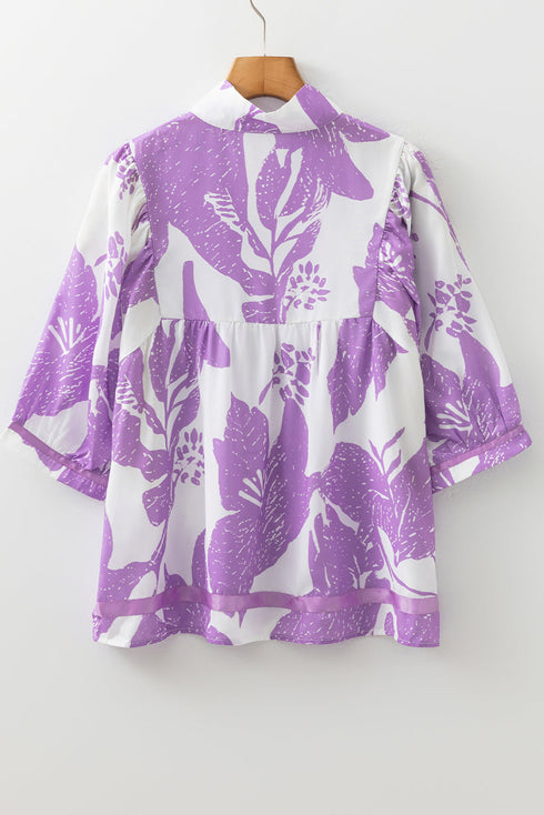 Leafy Print Split Neck Three Quarter Sleeve Striped Trim Blouse