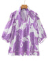 Leafy Print Split Neck Three Quarter Sleeve Striped Trim Blouse