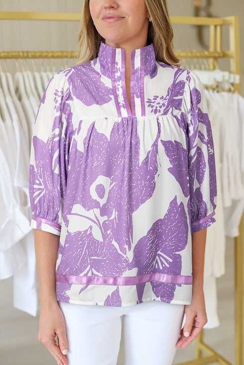 Leafy Print Split Neck Three Quarter Sleeve Striped Trim Blouse