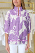 Leafy Print Split Neck Three Quarter Sleeve Striped Trim Blouse