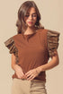 Leather Ruffle Sleeve Patchwork Round Neck Blouse